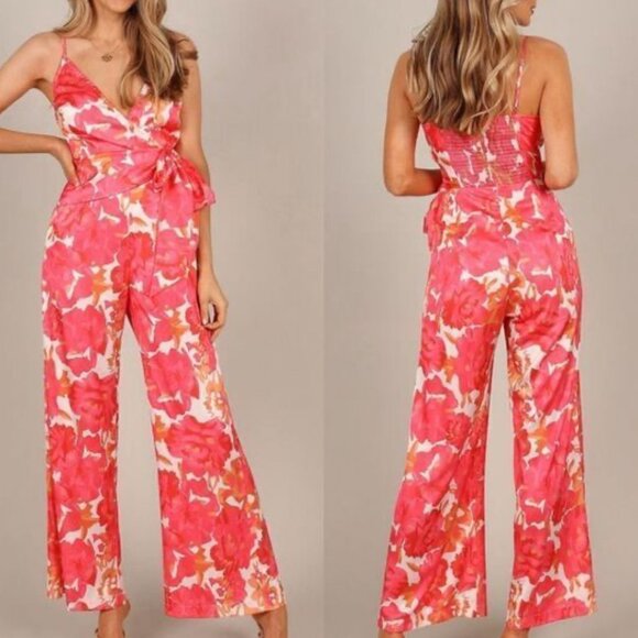 Petal & Pup Pants - Petal and Pup Addison Jumpsuit XS Pink Coral Floral Smocked Wrap Tie Waist